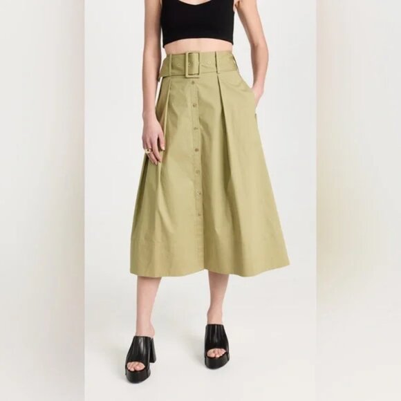 Women Staud Kingsley Khaki Green Belted Button-Up Pleated Midi Skirt 2 - Picture 1 of 13